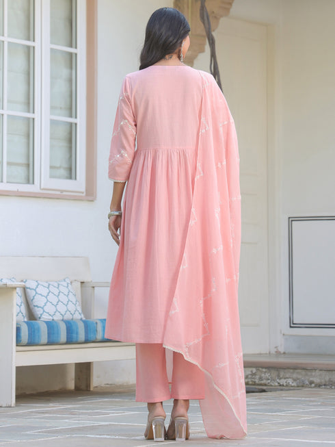 Janasya Women's Peach Pure Cotton Embroidered A-line Kurta Set